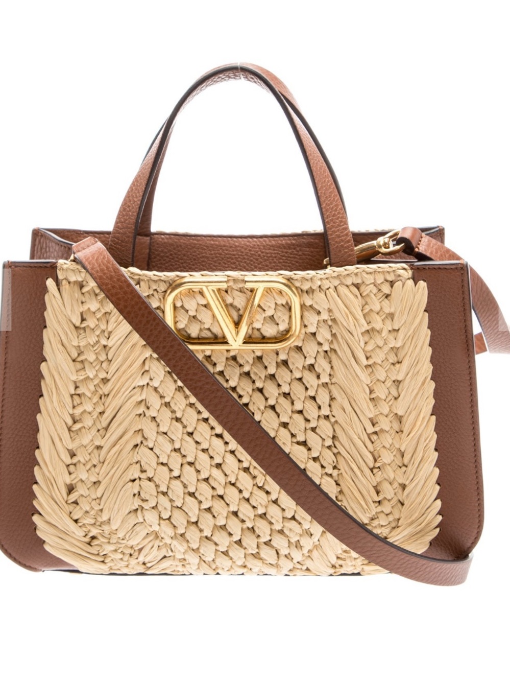 Valentino Garavani Yellow Raffia Front with Tan Leather Tote Shoulder Bag